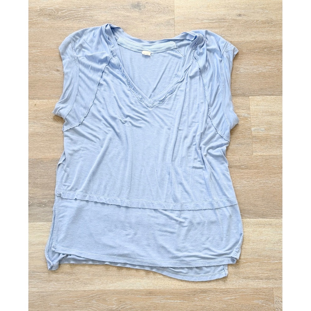 Free People We The Free Blue V-Neck Raw Edge Sleeveless Tee Tunic Top